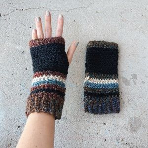 Handmade Black, Brown, and Blue Striped Fingerless Gloves